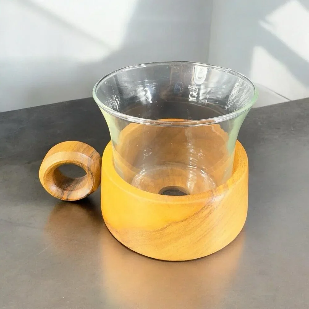 Vintage Jena Glass Mug with Wooden Holder Insert Set 3 Round Handle Wood Insert‎